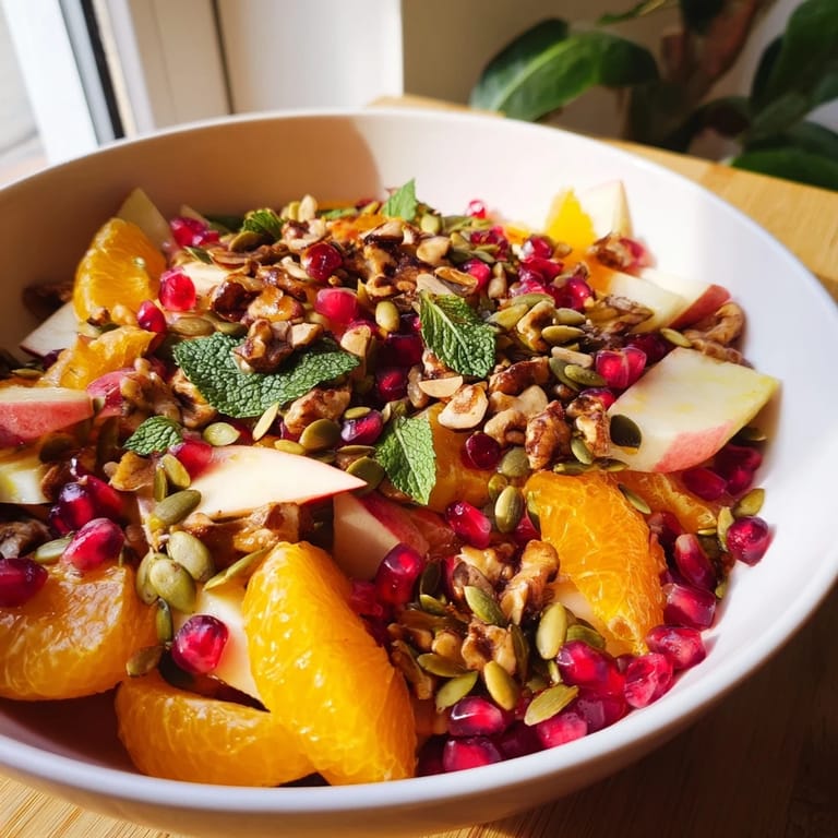 Colorful Pomegranate and Walnut Salad in a white bowl, showing seeds, walnuts, and seeds, ready for a healthy side dish.