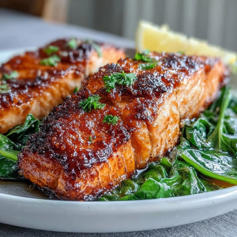 A close-up view of juicy Air Fryer Salmon and Swiss chard with visible steam rising, served on a white ceramic plate.