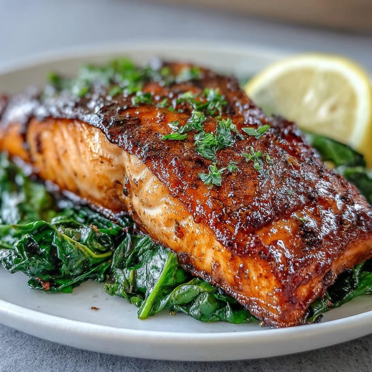 Freshly cooked Air Fryer Salmon with crackling skin next to a vibrant heap of sautéed Swiss chard and lemon wedges.