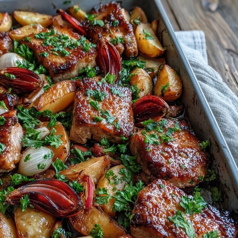 Roasted pork and ruby-red rhubarb with onions and garlic rest on a baking tray after a 50-minute bake.