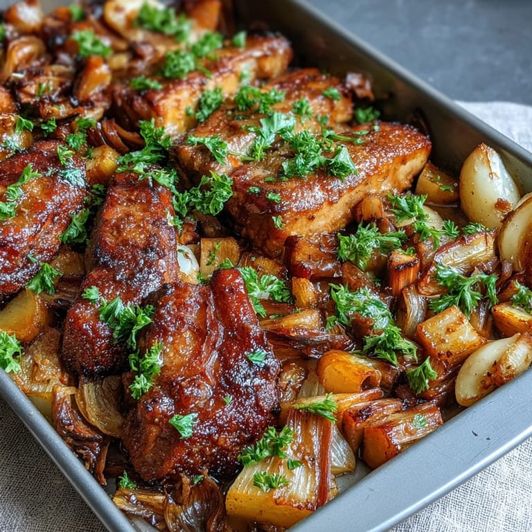 Gluten-free Pork and Aromatic Rhubarb Traybake served on a platter, ready for a weeknight dinner with roasted potatoes.
