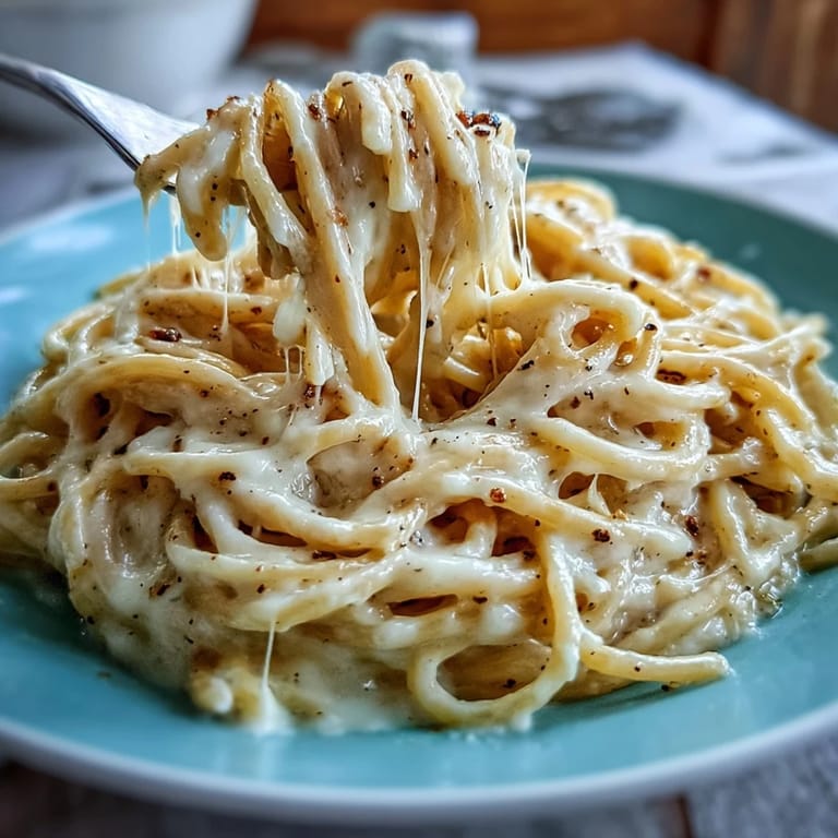 A close-up of a warm plate of Cacio e Pepe, topped with grated Pecorino and coarse black pepper.