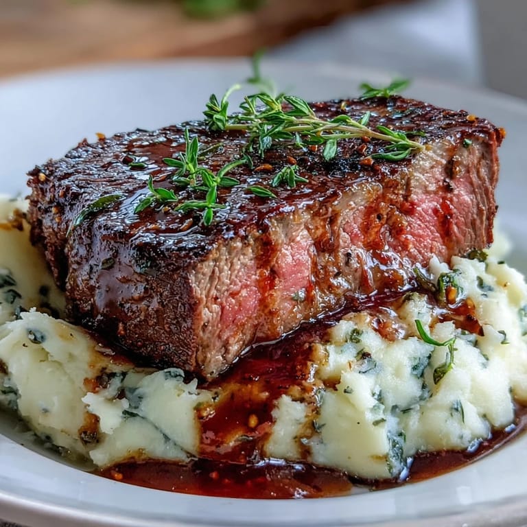 Savory Venison Steaks with Caraway Crushed Swede and buttery mash plated for dinner.