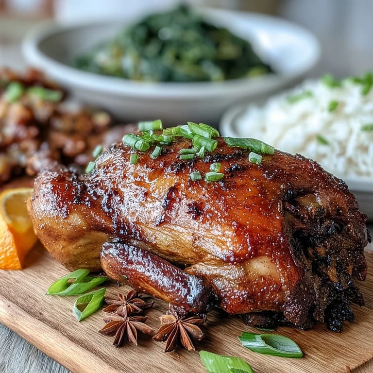 A rustic platter of Five-Spice Roast Ducks glistening with glaze, showcasing crispy skin and tender, juicy meat infused with five-spice aromas.