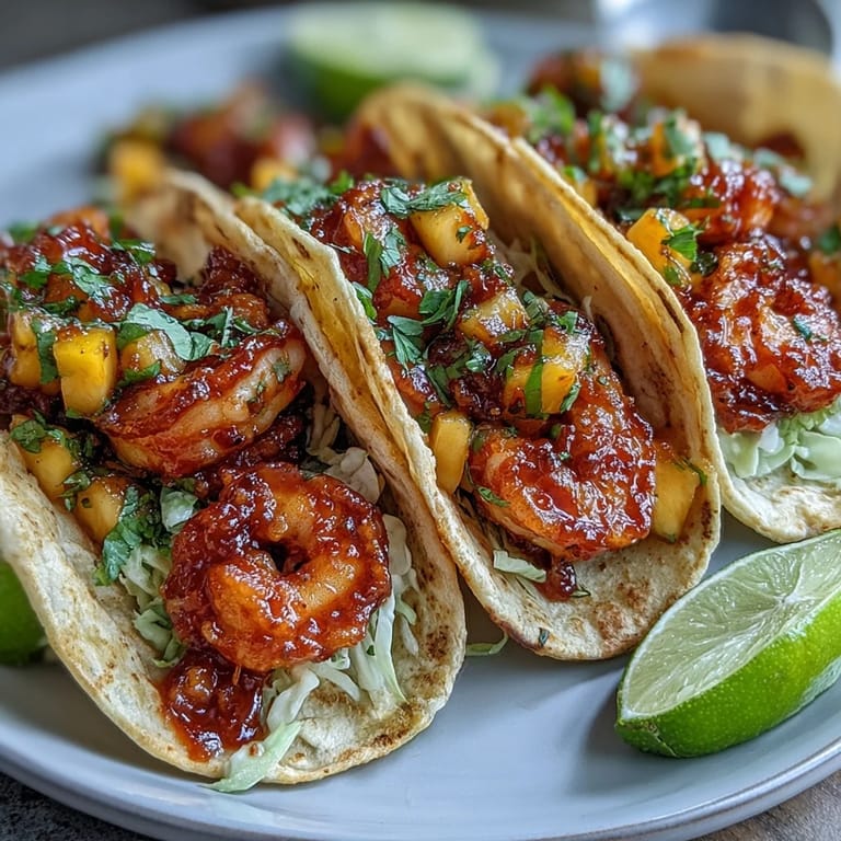 Close-up of warm tortillas filled with spicy shrimp and vibrant mango salsa for a tasty fusion meal.