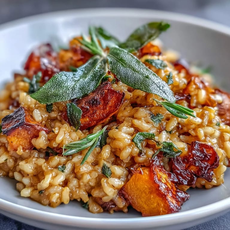 Vegan Pumpkin Risotto with golden roasted pumpkin cubes and aromatic sage, ready to serve as a hearty fall dinner.