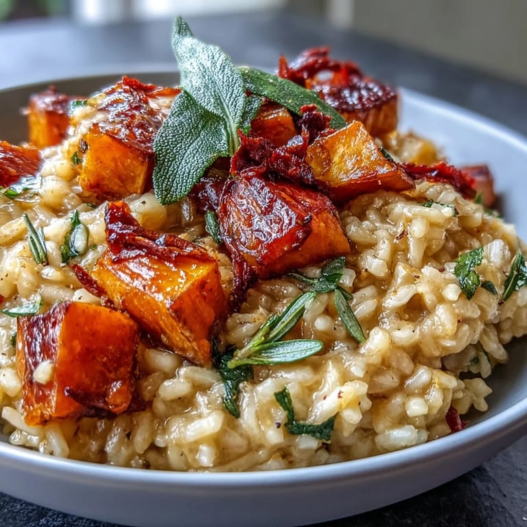 Close-up of Vegan Pumpkin Risotto showing creamy arborio rice, tender pumpkin pieces, and crunchy sage garnish on top.