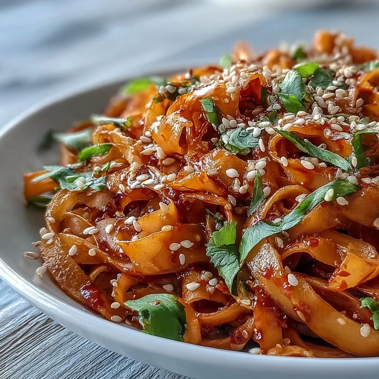 Close-up of sticky Gochujang Swede Noodles featuring tender roasted rutabaga ribbons and sliced green onions, showcasing a vibrant Korean-inspired fusion dish.
