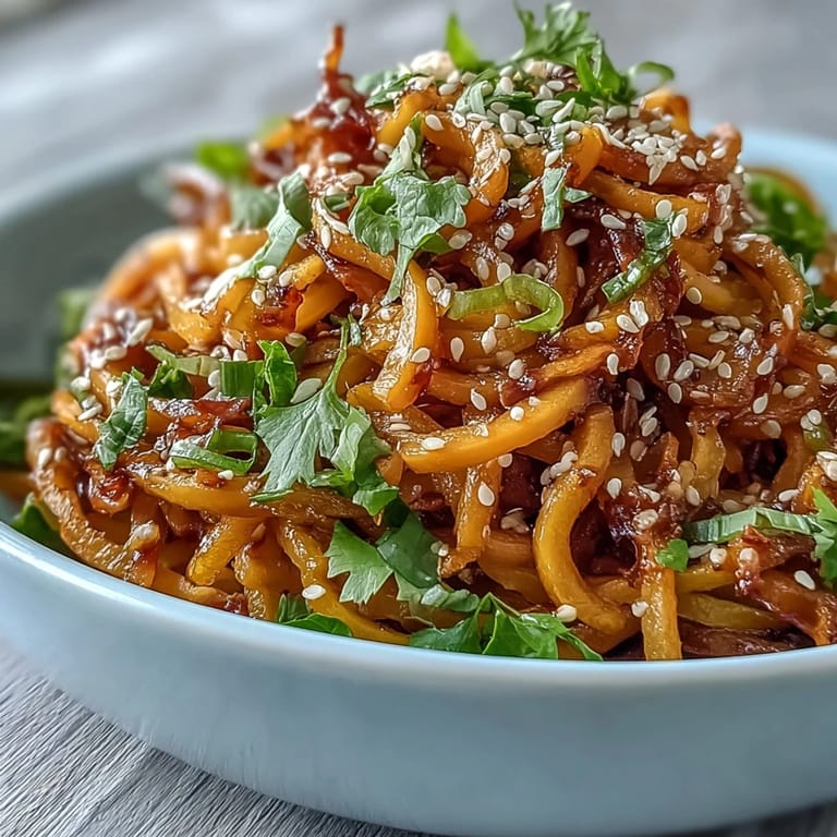 Steaming bowls of Gochujang Swede Noodles with julienned carrots and crisp bean sprouts, ready to serve for a flavorful vegan main course.