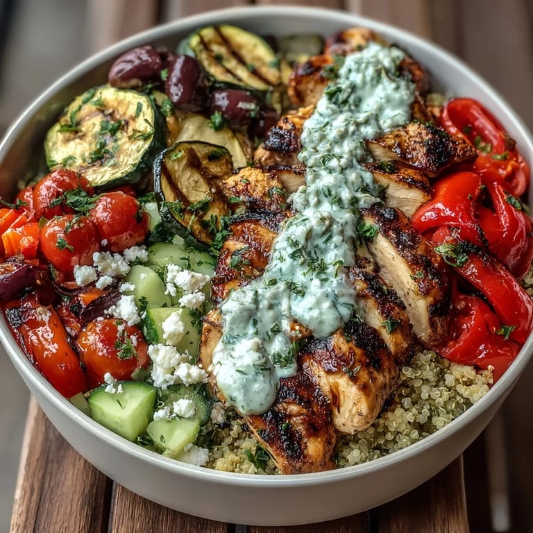 Colorful grilled vegetables and tender protein sit atop fluffy quinoa, ready for a generous scoop of cool tzatziki.