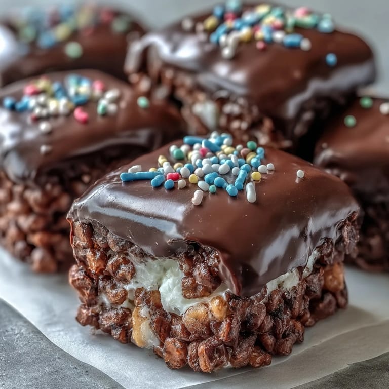 Hand holding a square of Chocolate Covered Rice Krispy Treats with colorful sprinkles, ready to serve at a festive party on a checkered napkin.