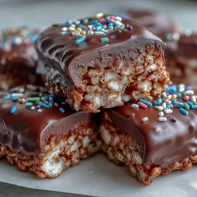A close-up of a Chocolate Covered Rice Krispy Treat bar shows a bitten edge revealing the gooey marshmallow interior against a dark surface.