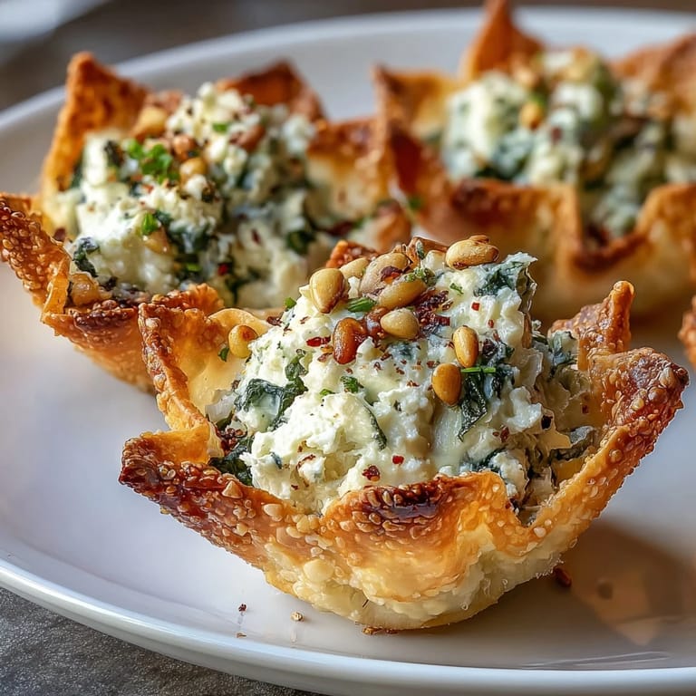 Freshly baked Spinach and Feta Cheese Crisps are piled on a rustic wooden board, garnished with vibrant parsley and lemon zest for a bright appetizer.
