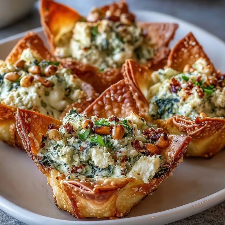Warm Mediterranean Spinach and Feta Cheese Crisps are arranged on a white plate, ready to be dipped into a side of tangy tzatziki sauce.