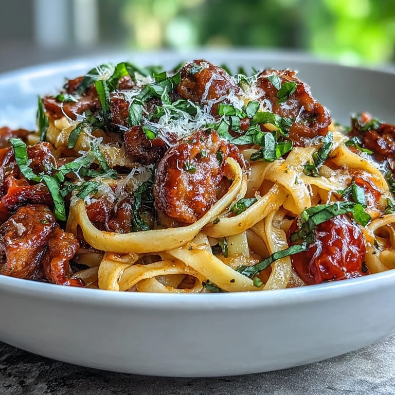 Freshly grated Parmesan and torn basil garnish a skillet of Italian Drunken Noodles, served with a lemon wedge and red chili.