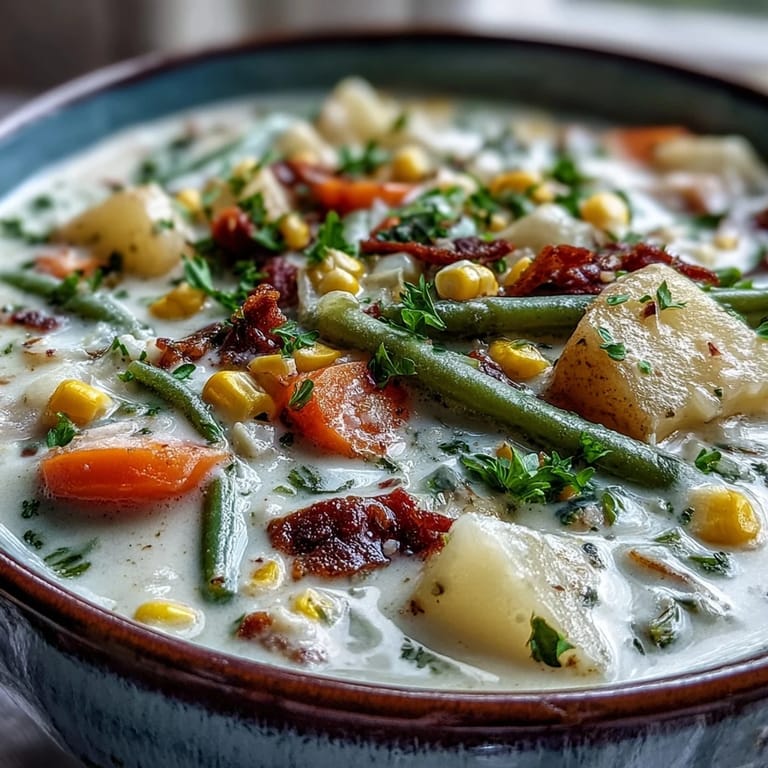 A warm bowl of Amish Snow Day Soup featuring carrots, potatoes, and corn in a thyme-scented broth.