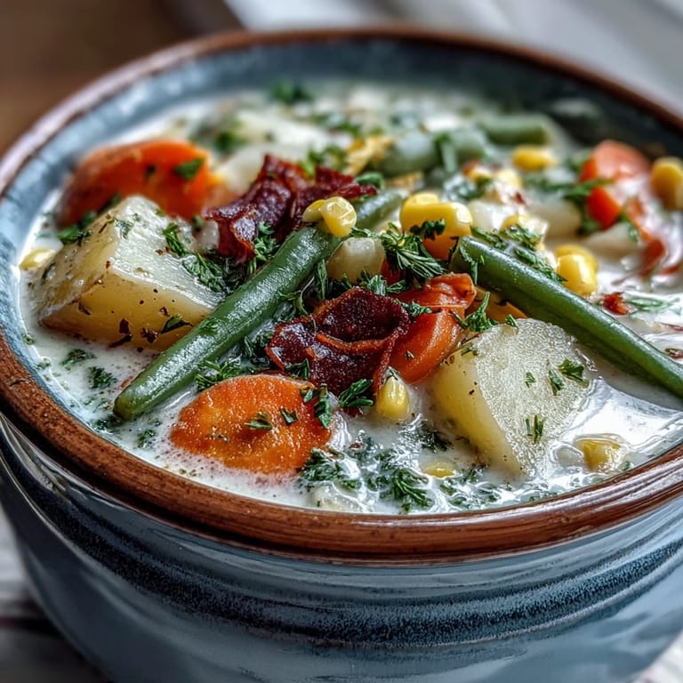 Rich and velvety Amish Snow Day Soup topped with fresh parsley and a side of crusty bread for dipping.