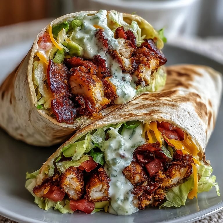 Juicy spice-rubbed chicken strips and smoky bacon rest inside a soft flour tortilla with melted cheddar in this Crispy Chicken Bacon Wrap.