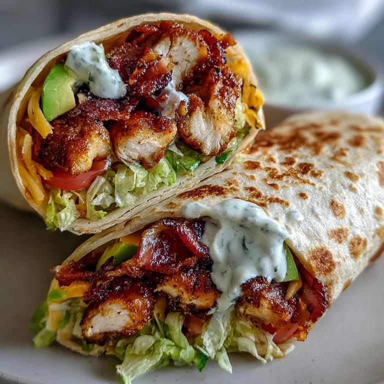 Golden toasted tortilla wrapped around crisp bacon, tender chicken, and fresh lettuce with a drizzle of tangy mayo sauce: Crispy Chicken Bacon Wrap.