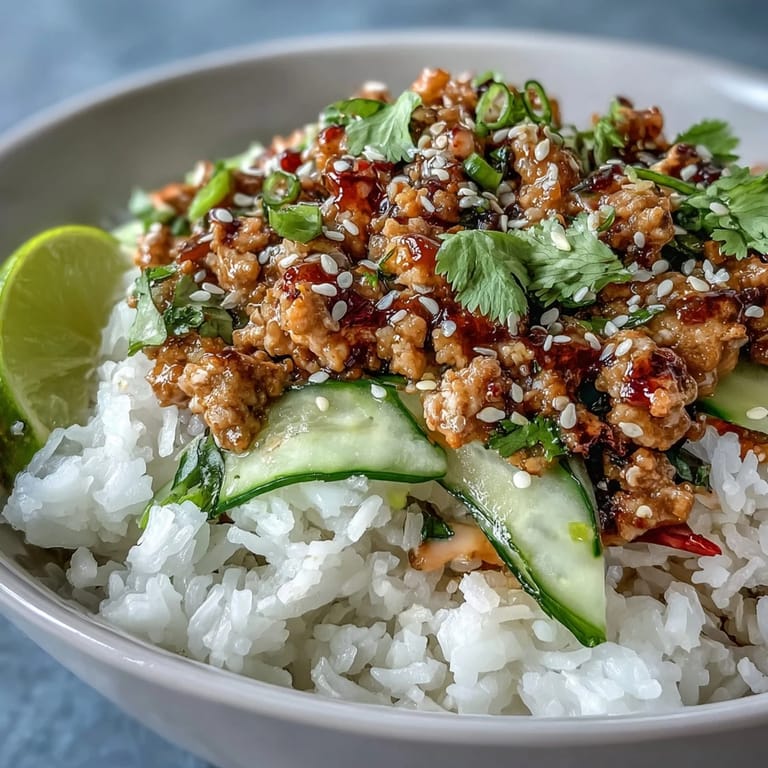 Sizzling ground turkey coated in tangy bang bang sauce over rice bowls with crisp veggies, perfect for a quick dinner.