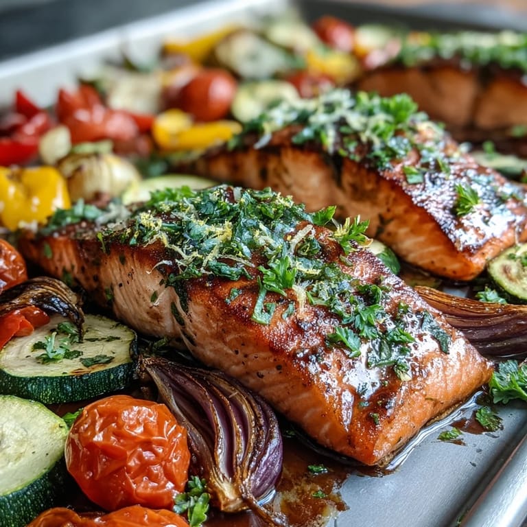 Close-up of a tender salmon fillet flaking with a fork, surrounded by caramelized carrots and peppers.