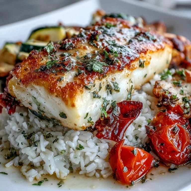 Golden pan-seared fish bowl features roasted veggies, zesty lemon sauce, and fresh parsley over steamed rice.