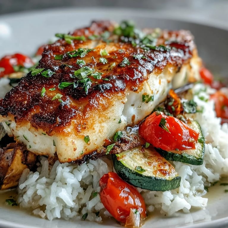 A finished pan-seared fish bowl served with rice, roasted vegetables, and bright lemon sauce for a healthy meal.