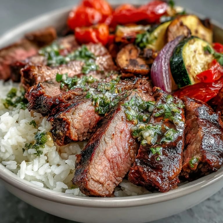 Savory Grilled Steak Bowl plated with juicy steak, golden roasted vegetables, and a generous spoonful of zesty chimichurri sauce over fluffy white rice.