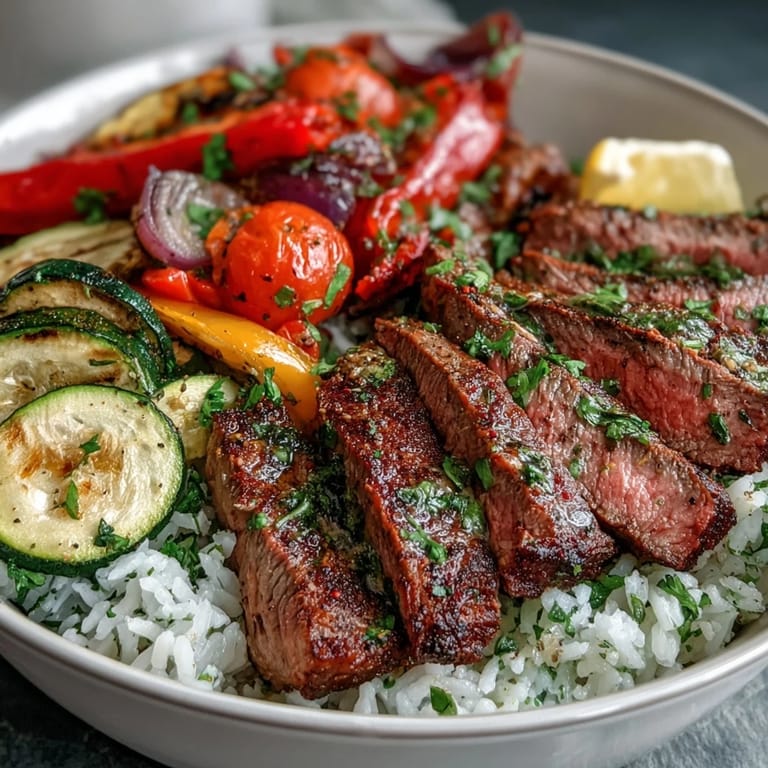 A close-up of the Sheet Pan Steak and Veggie Bowl highlights charred zucchini, cherry tomatoes, and tender steak slices on a bed of rice.