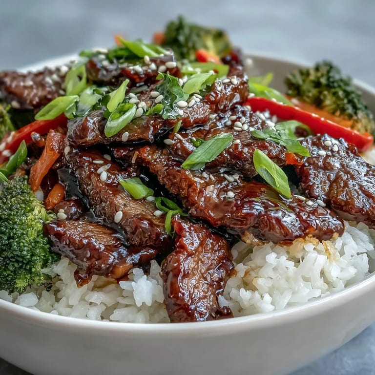 Sizzling teriyaki beef bowl with colorful veggies and steamed rice, garnished with scallions and sesame seeds.