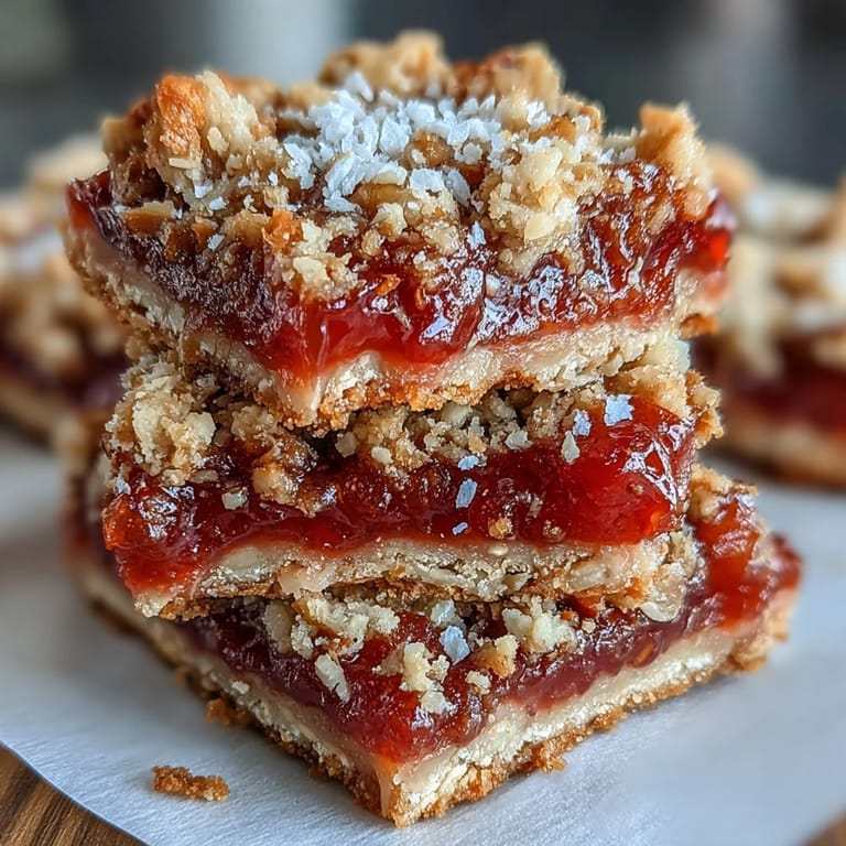 Golden-baked Guava Jam Bars cooling on parchment, their tropical guava filling peeking through the crunchy oat and coconut topping.