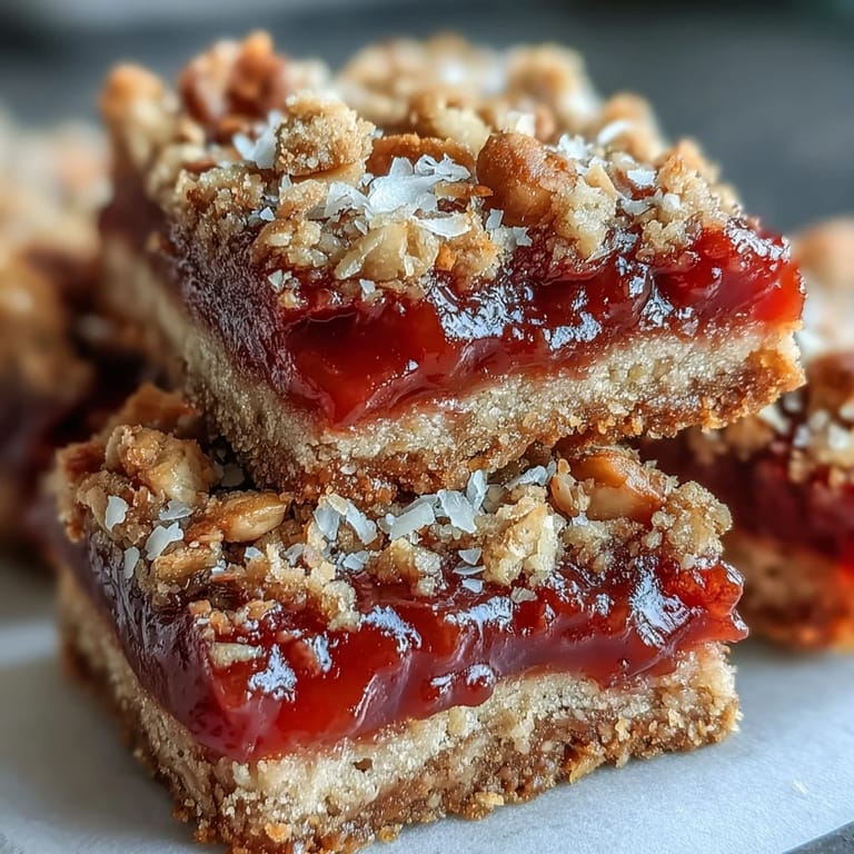 Homemade Guava Jam Bars plated with coffee, showing a buttery crumble crust and sweet guava layer in natural sunlight.