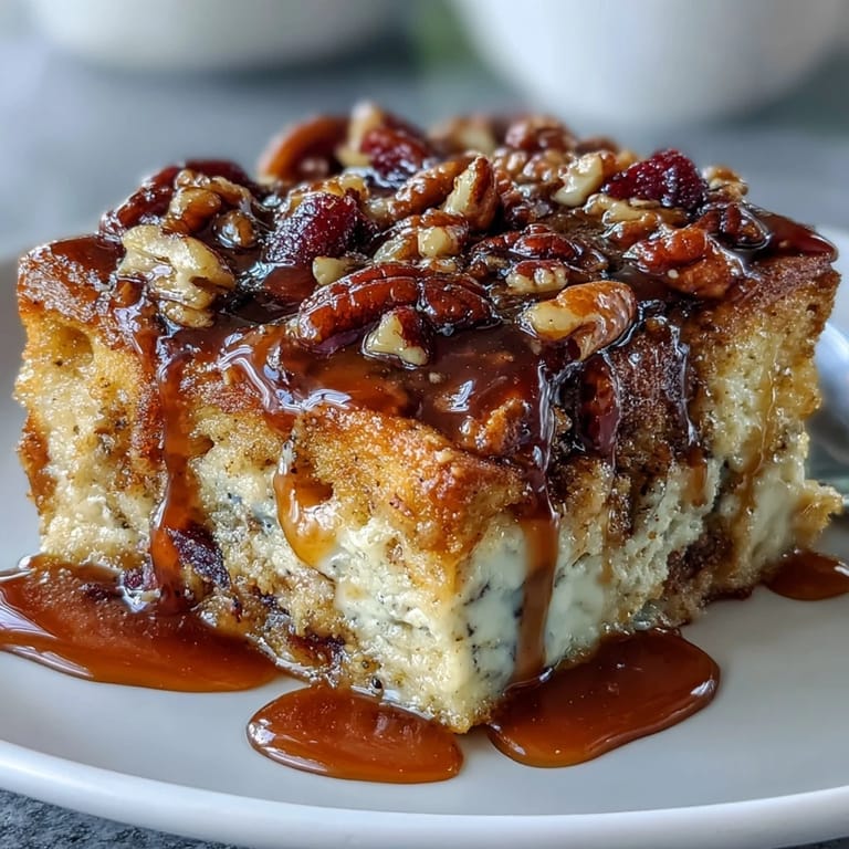 Guava Caramel Bread Pudding with Pecans served in a bowl, garnished with whipped cream and fresh guava.