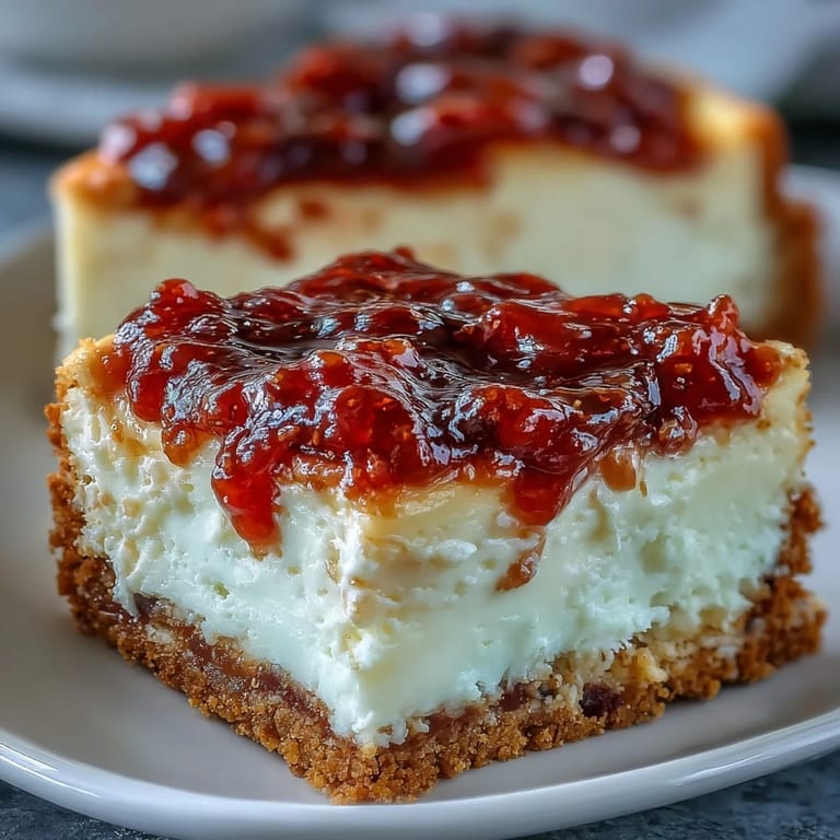 A whole Guava Cheesecake in a springform pan with a rustic wooden spoon, ready to be sliced.