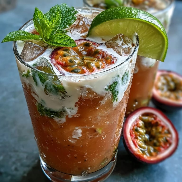 Homemade DIY Iced Guava Passionfruit Drink blended with ice for a slushy, tropical texture, topped with sliced strawberries and pineapple chunks.