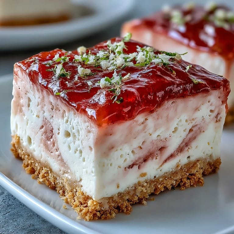 Thick guava marmalade swirls through creamy filling on this Easy Guava Swirl Cheesecake served on a dessert plate.