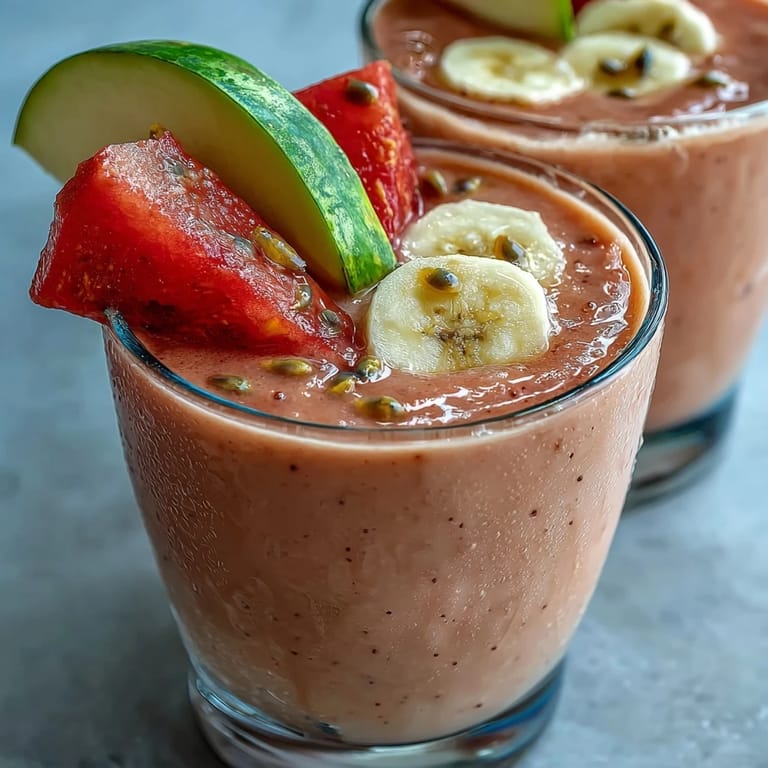 Enjoy the refreshing Guava Banana Smoothie blended with ice and milk, ready to serve for a tropical treat.