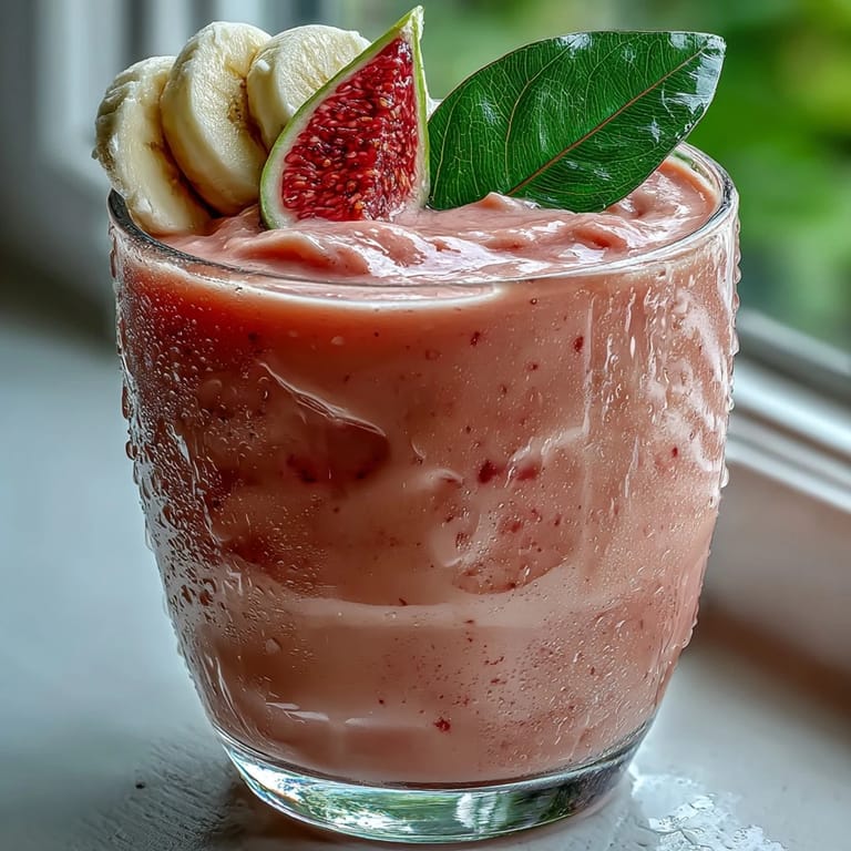Guava Banana Smoothie poured into a chilled glass, garnished with guava chunks and a colorful paper straw.