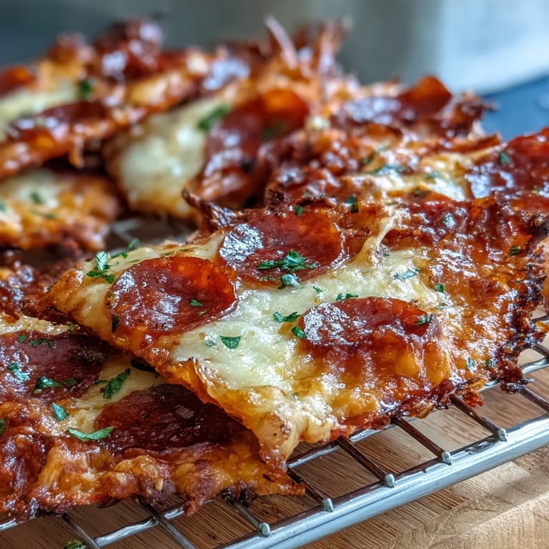 Close-up of crispy, golden-edged Pepperoni Cheese Crisps topped with melted cheese and Italian seasoning for a savory treat.