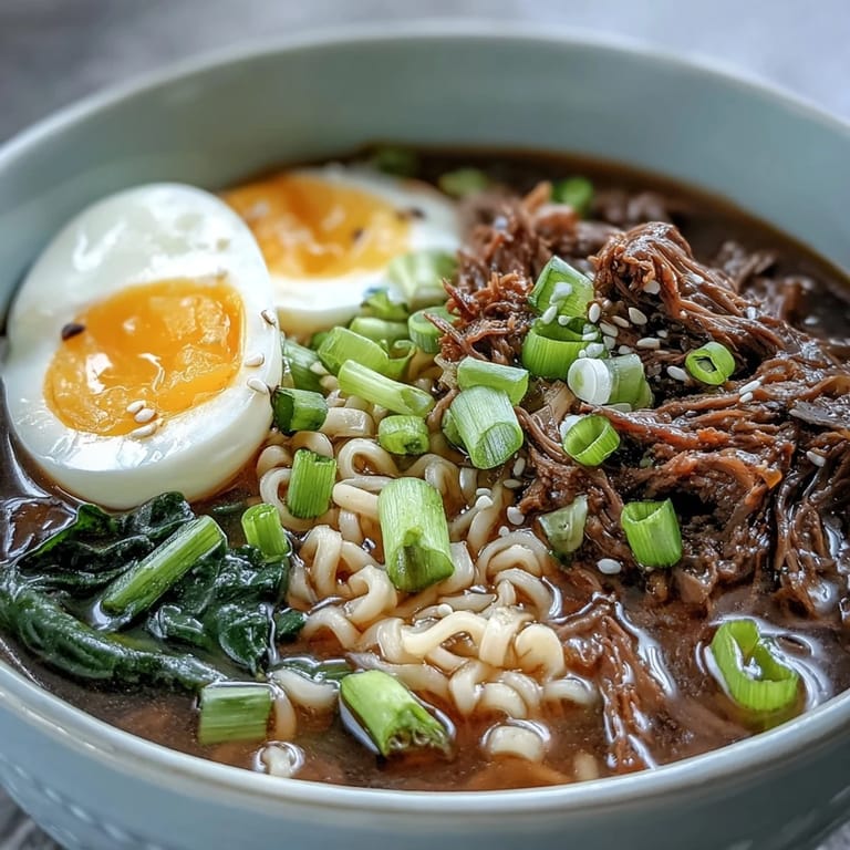 A cozy bowl of Slow Cooker Beef Ramen Noodles topped with a soft-boiled egg.