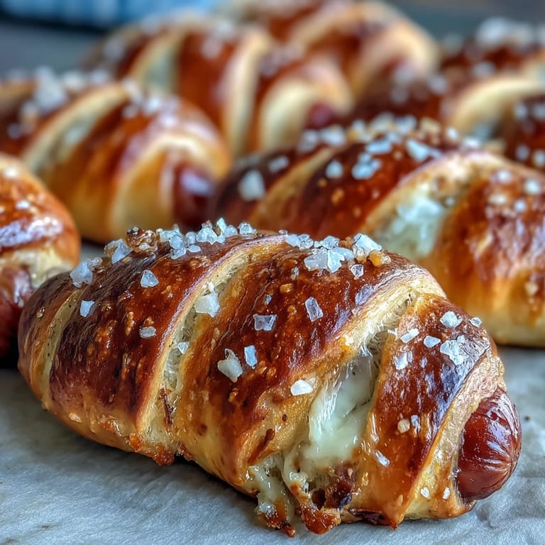 A close-up of Soft Baked Cheesy Pretzel Dogs reveals golden, chewy dough wrapped around savory hot dogs and cheese.