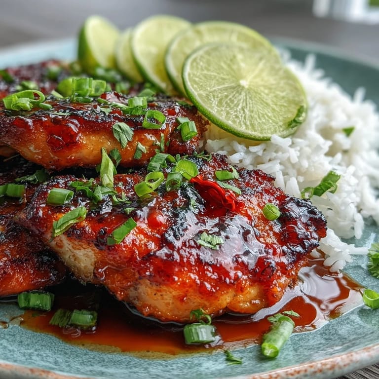 Sliced chicken breasts coated in a glossy, vibrant Thai Sweet Chili Chicken sauce, simmered to perfection in a skillet with a spoon.