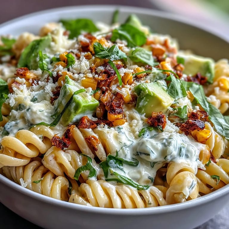 Overhead view of Creamy Street Corn Pasta Salad with shredded romaine, bright avocado chunks, and torn basil leaves, drizzled with lime mayo and finished with a drizzle of vibrant chili butter.