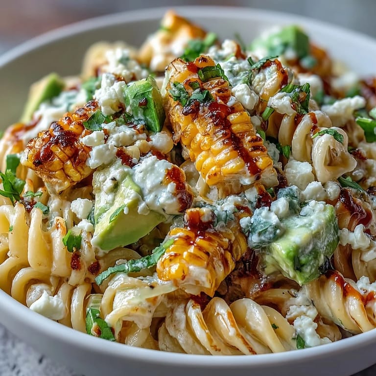 Serving spoon lifting a portion of Creamy Street Corn Pasta Salad, revealing creamy textures, crumbled cotija cheese, and a savory Mexican-inspired summer side dish perfect for a potluck.
