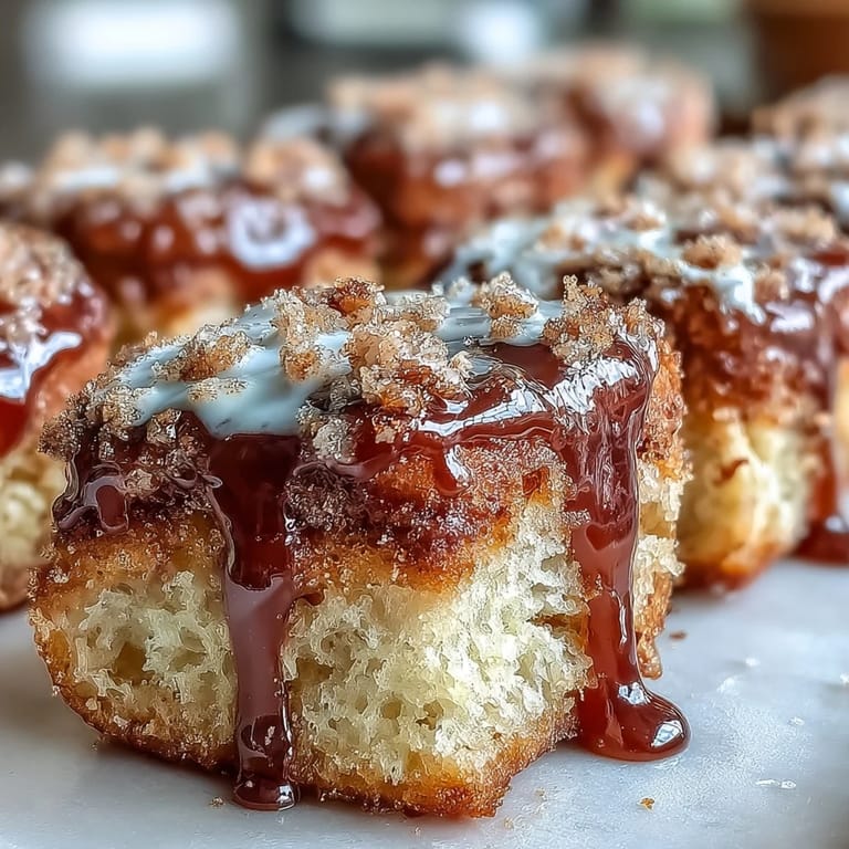 Warm Maple Donut Bars are arranged on a white plate, drizzled with extra maple syrup and ready for a sweet brunch.