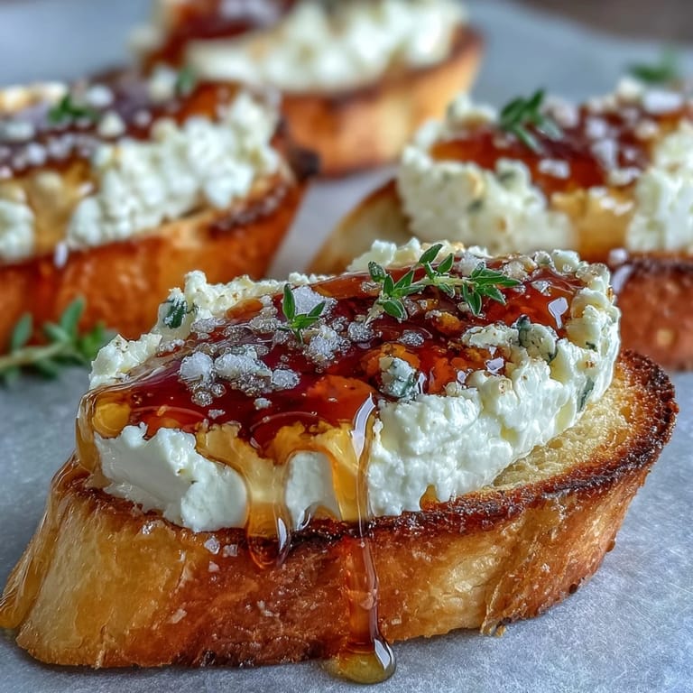 Fresh chives and flaky sea salt garnish these easy Hot Honey Goat Cheese Crostini, arranged on a rustic wooden serving board.