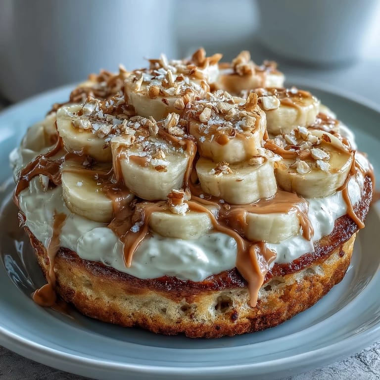 Freshly baked High-Protein Breakfast Pizza Bowl with fluffy pancake base, vanilla Greek yogurt frosting, banana slices, and a honey drizzle.