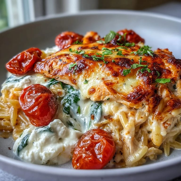 Fresh basil garnish and ricotta dollops top the creamy One-Pan Creamy Chicken Lasagna Orzo, steaming beside a crisp salad.