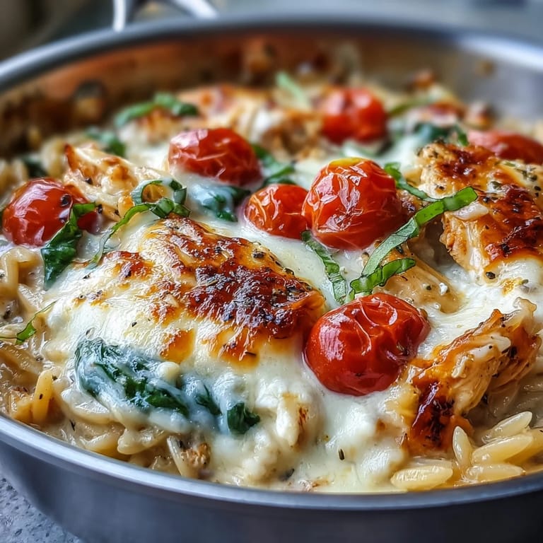A deep skillet holds One-Pan Creamy Chicken Lasagna Orzo with a rich tomato cream sauce, spinach, and golden cheese.