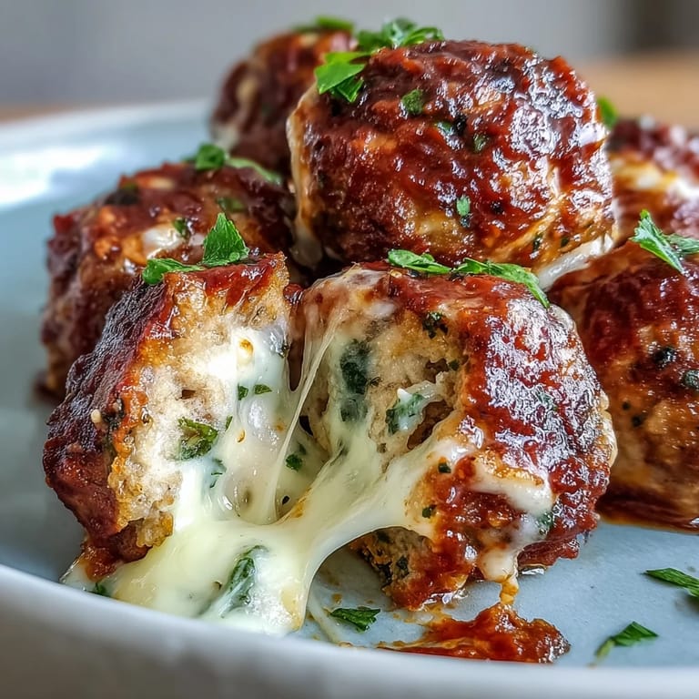Close-up of baked spicy chicken parmesan meatballs with golden edges, drizzled with extra marinara sauce, sitting beside a plate and a fork for serving.